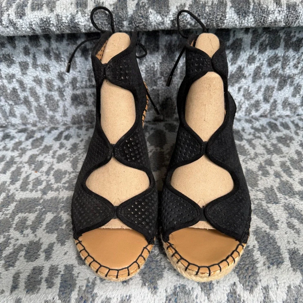 Franco Sarto Nash Black Perforated Leather Espadrille Wedge Sandals Womens 8.5M
